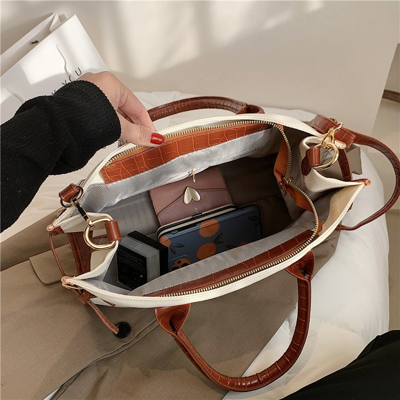 Kukombo Trendy Patchwork Canvas Tote Bag for Women