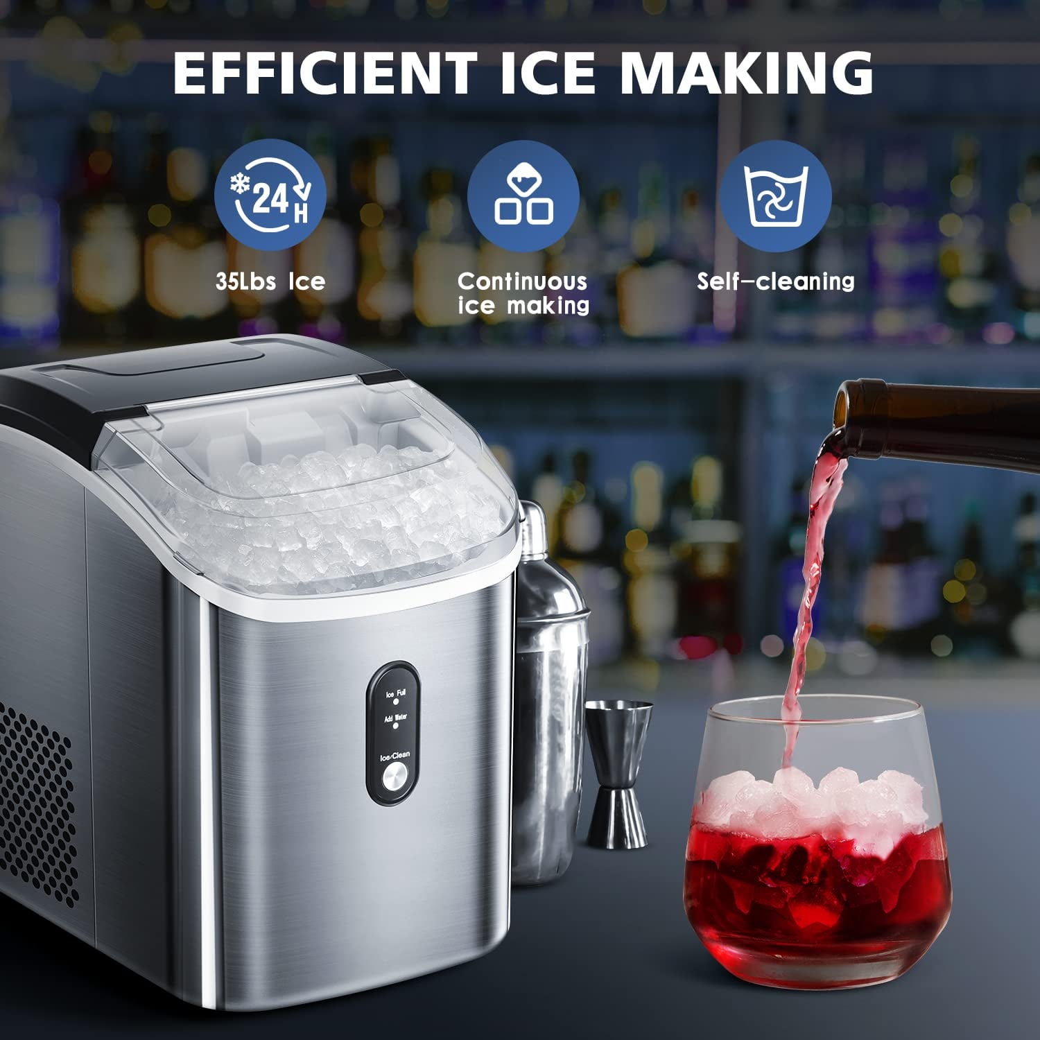 Auseo Nugget Ice Maker, 35lbs/24H, Self-Cleaning, Stainless Steel