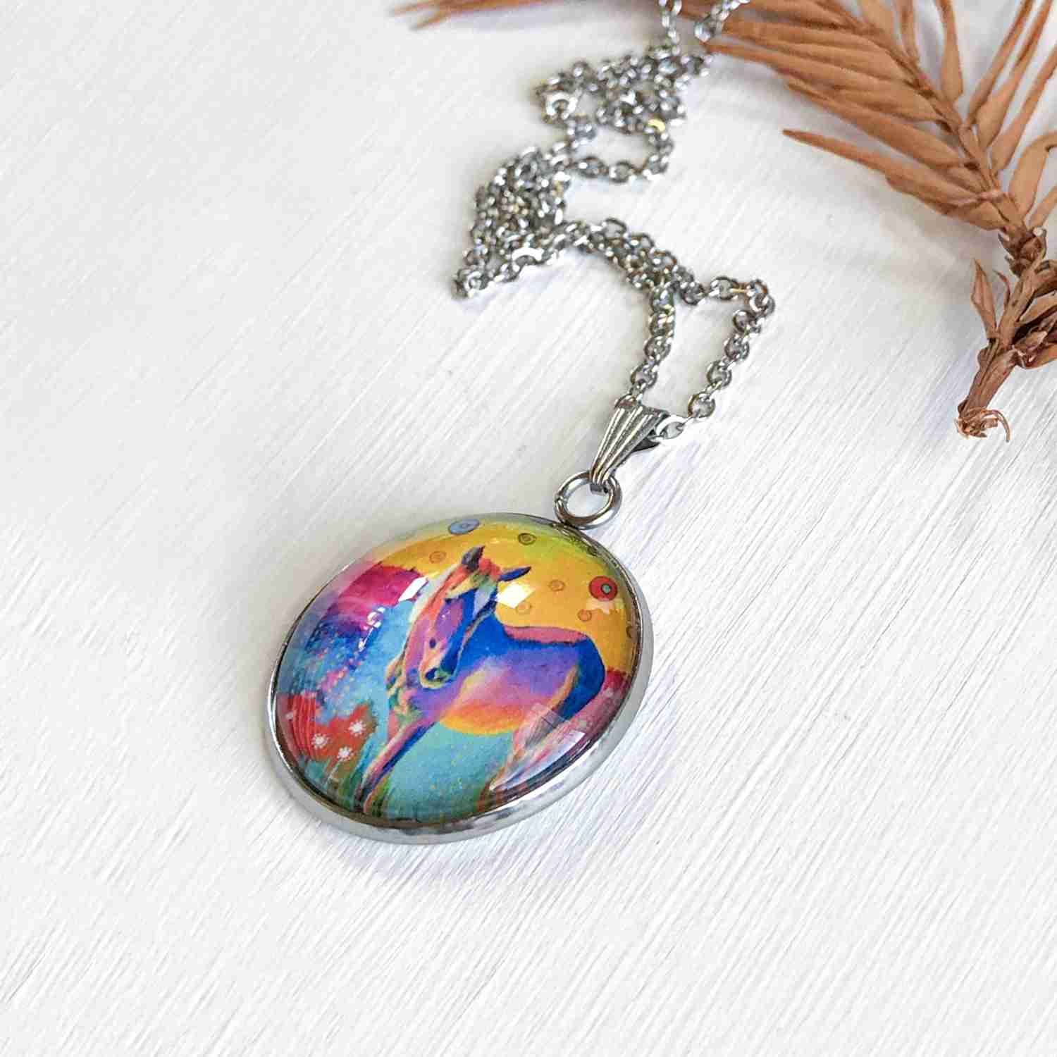 Equine Art Glass Dome Pendant Necklace