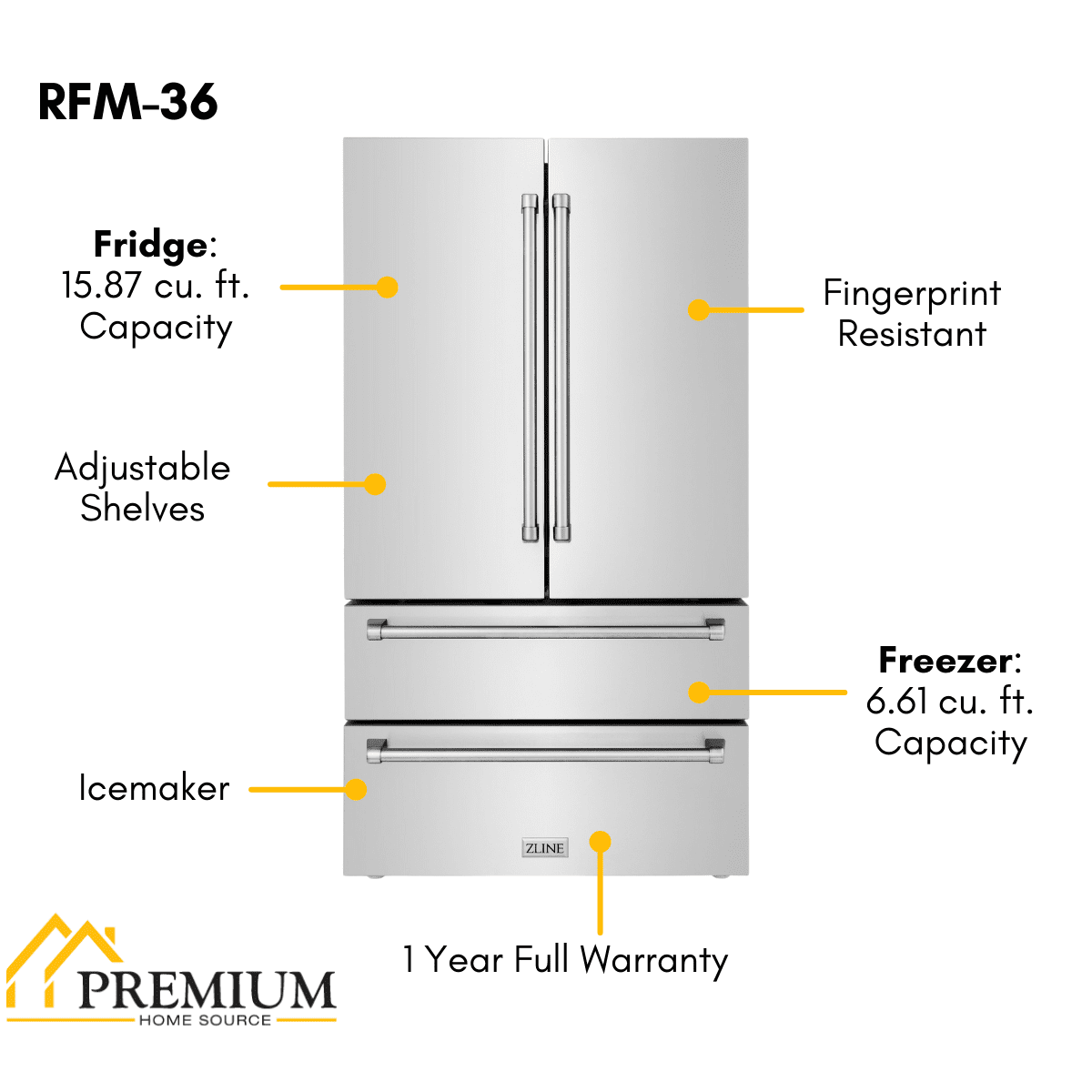 ZLINE 36-Inch French Door Refrigerator with Ice Maker, 22.5 Cu. Ft., Stainless Steel