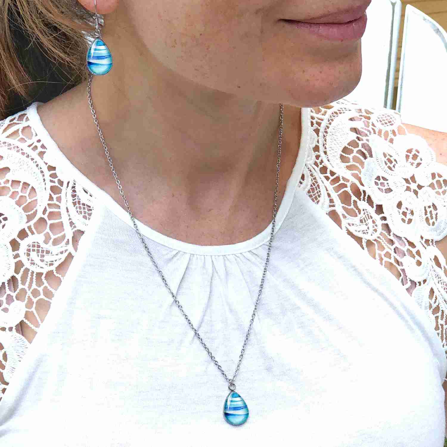 Handcrafted Abstract Seascape Glass Dome Necklace Set