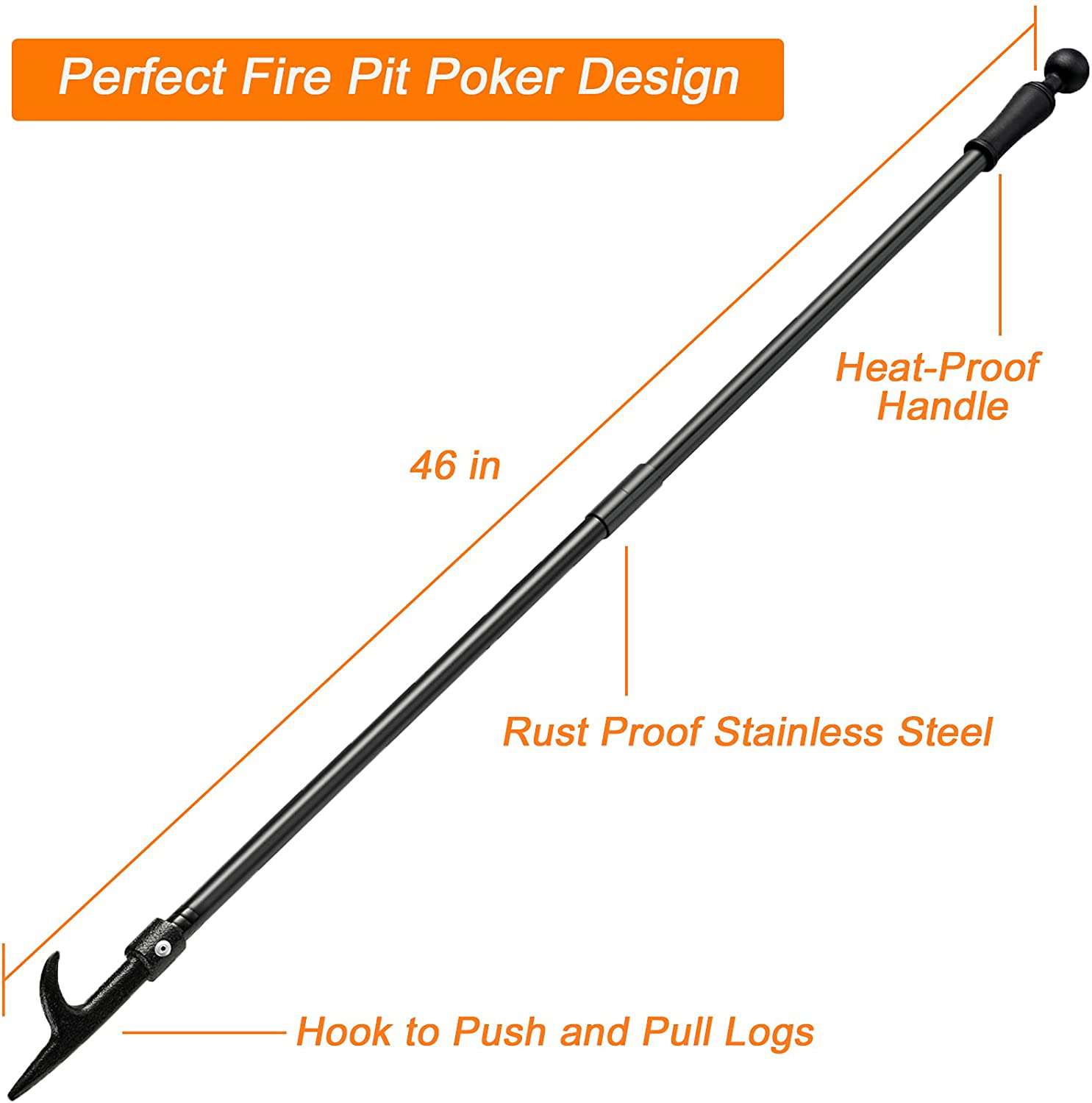 BsBsBest 46" Extra Long Fire Poker - Rust Resistant for Fireplace, Camping, Wood Stove