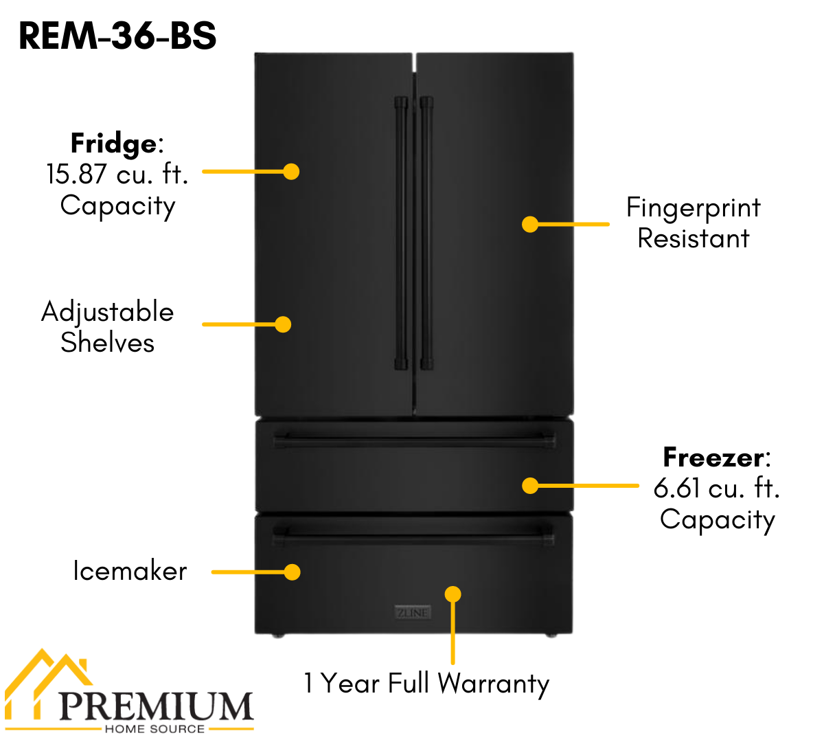 ZLINE 36" French Door Refrigerator with Ice Maker, Black Stainless Steel