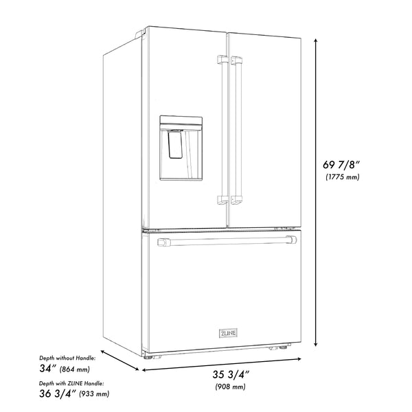 ZLINE 36" French Door Refrigerator with External Water Dispenser and Dual Ice Maker
