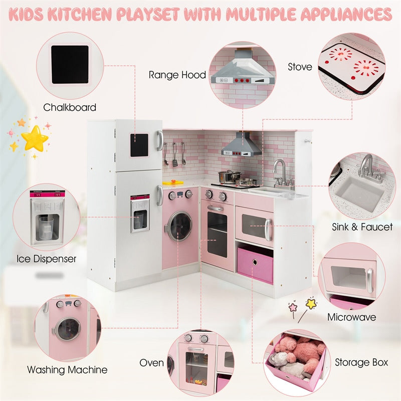 Wooden Corner Kitchen Playset for Kids with Chef Hat, Apron, and Pretend Play Accessories