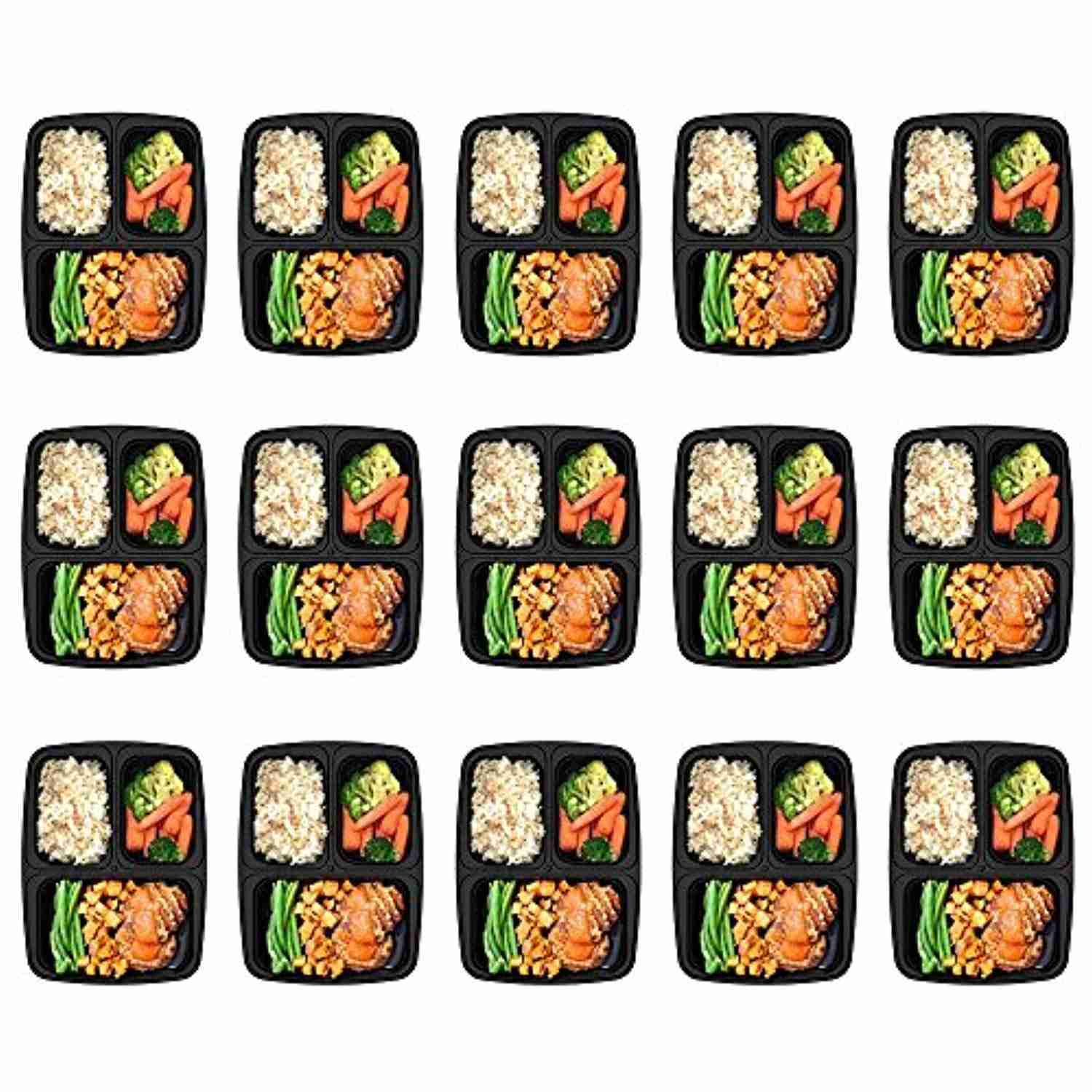 Homgeek 15-Pack Reusable Meal Prep Containers, 3-Compartment BPA-Free Bento Lunch Boxes with Airtight Lids for Portion Control