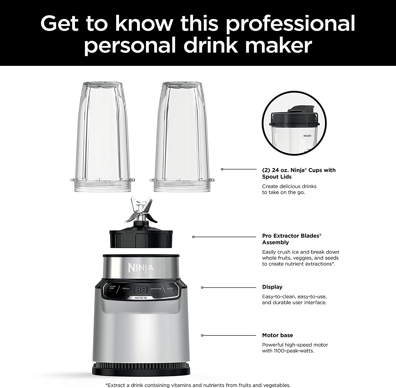 Ninja Nutri Pro Compact Blender with Auto-iQ, 1100W, for Smoothies, Frozen Drinks