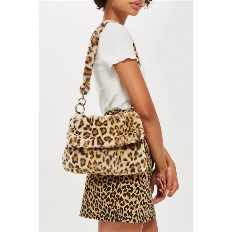 Leopard Print Fur Bag for Women, Large Capacity Crossbody Shoulder Clutch