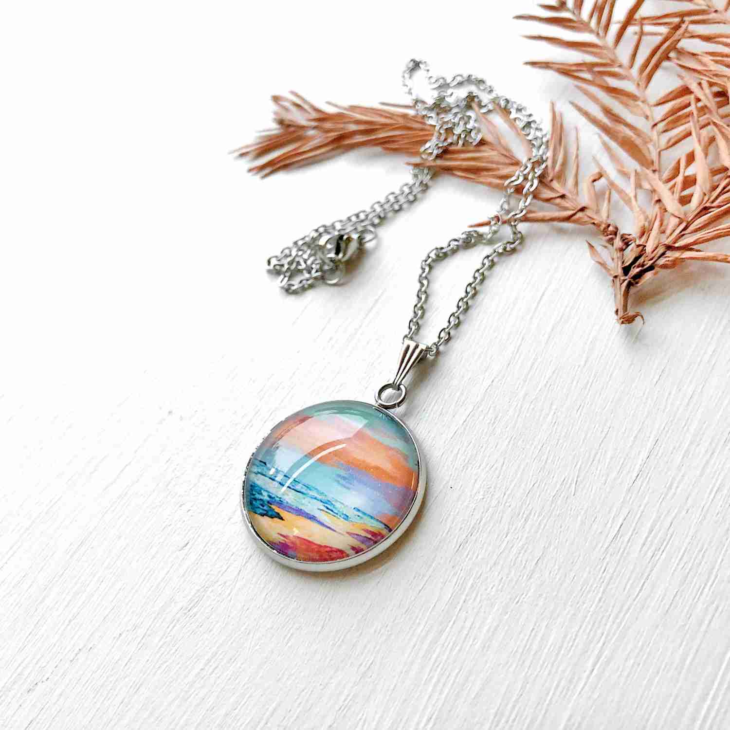 Elegant Seascape Art Glass Dome Necklace