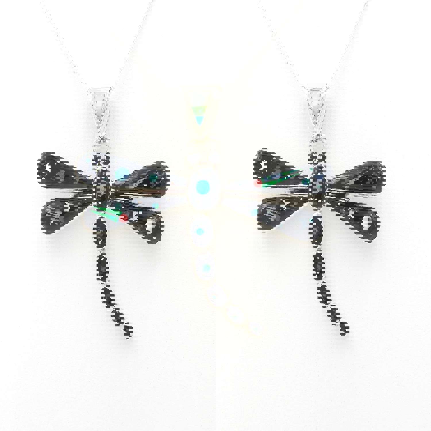Handcrafted Sterling Silver Dragonfly Pendant with Celestial Inlay