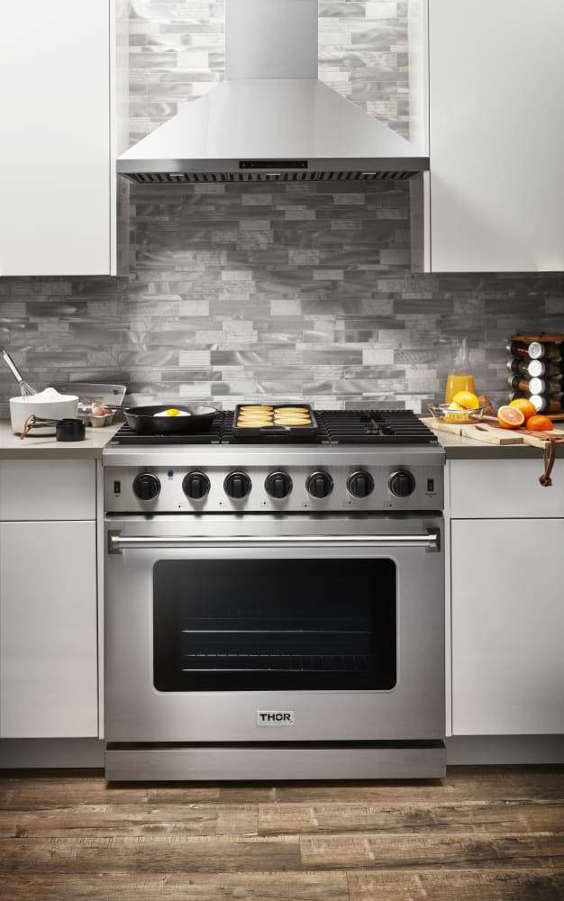 Thor Kitchen 36" Stainless Steel Appliance Package with Propane Range, Hood, Fridge & More