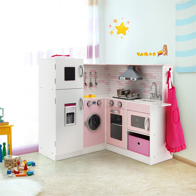 Wooden Corner Kitchen Playset for Kids with Chef Hat, Apron, and Pretend Play Accessories