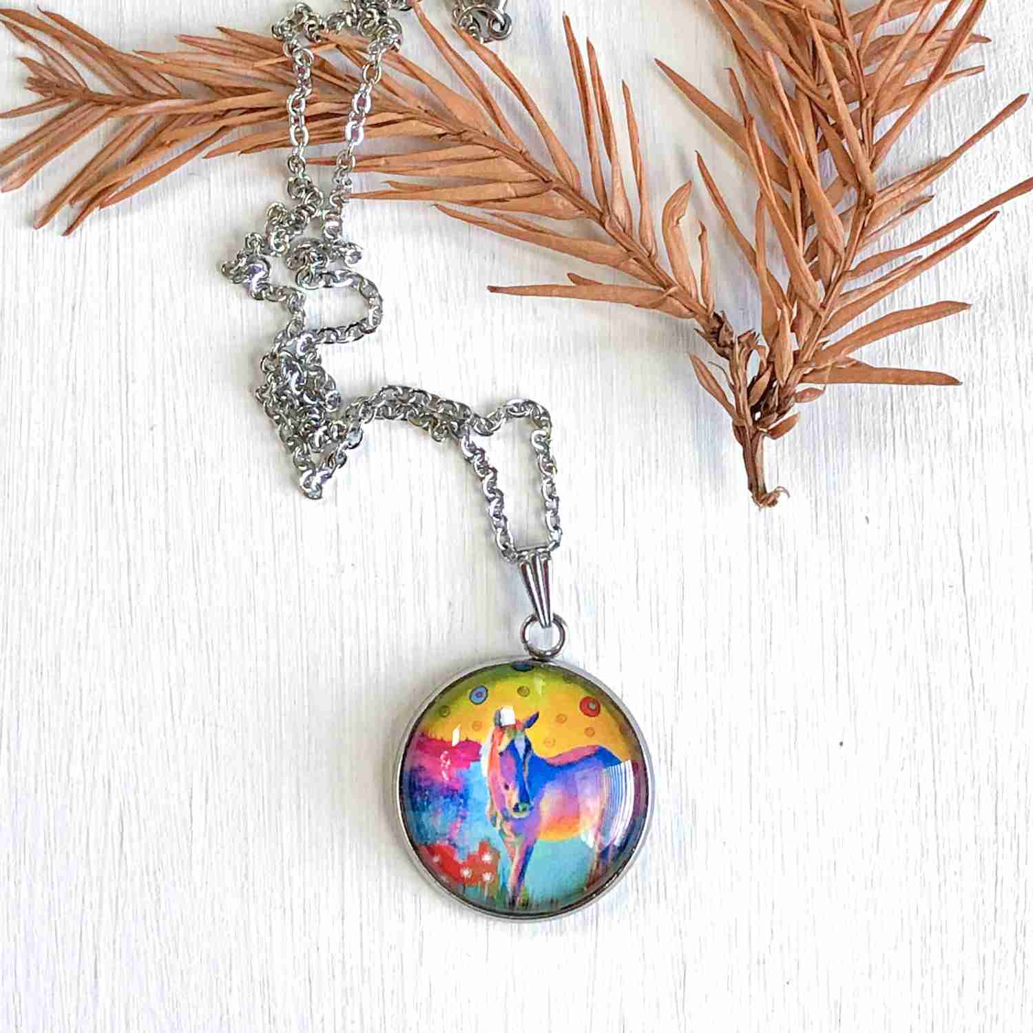 Equine Art Glass Dome Pendant Necklace