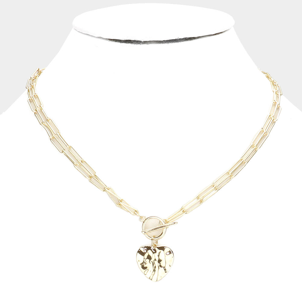 Stylish Hammered Metal Heart Pendant Necklace