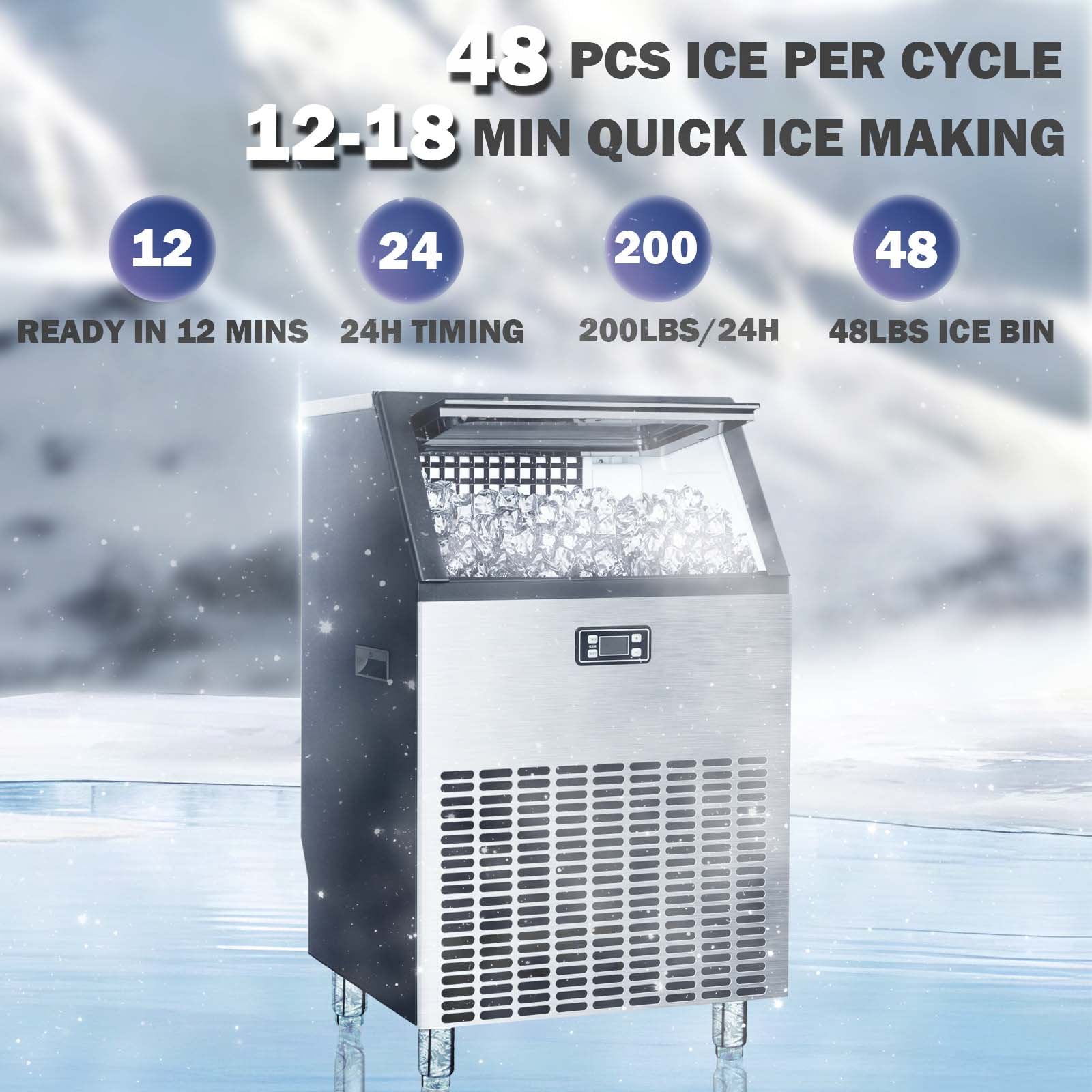 Auseo High-Capacity Ice Maker - 200lbs/Day, Self-Cleaning, LCD Display