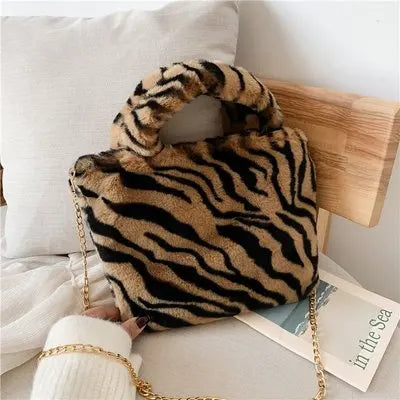 Leopard Print Fur Bag for Women, Large Capacity Crossbody Shoulder Clutch