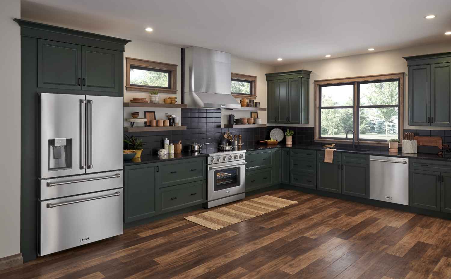 Thor Kitchen 36" Stainless Steel Appliance Package with Range, Hood, Fridge, and More
