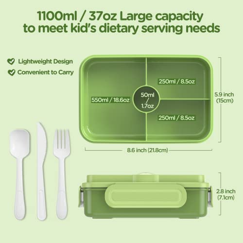 Jelife Leakproof Bento Box for Kids - Large 4-Compartment Lunch Container with Silicone Rings, Green