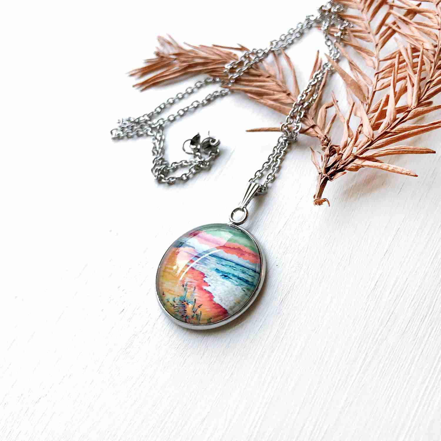 Elegant Seascape Art Glass Dome Necklace