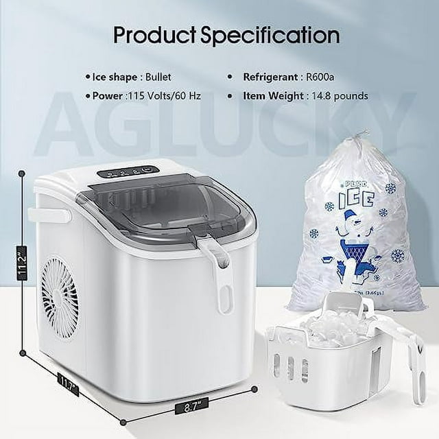 KISSAIR Compact Ice Maker - 26lbs in 24h, Self-Cleaning, Bullet-Shaped Cubes