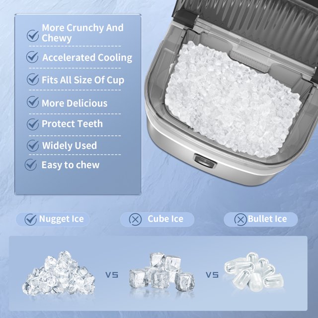 Auseo Nugget Ice Maker - Portable, Self-Cleaning, 33lbs/24H for Home & Office