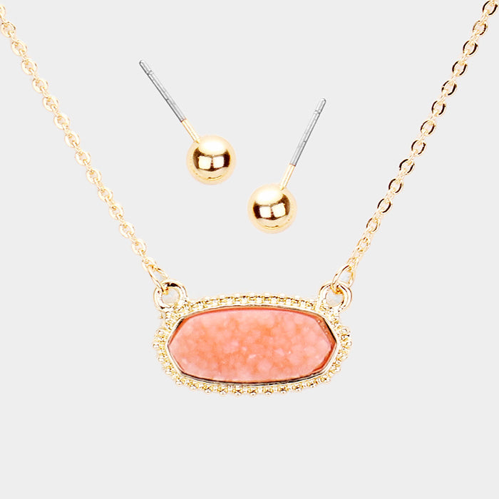 Glittering Druzy Hexagon Pendant Necklace