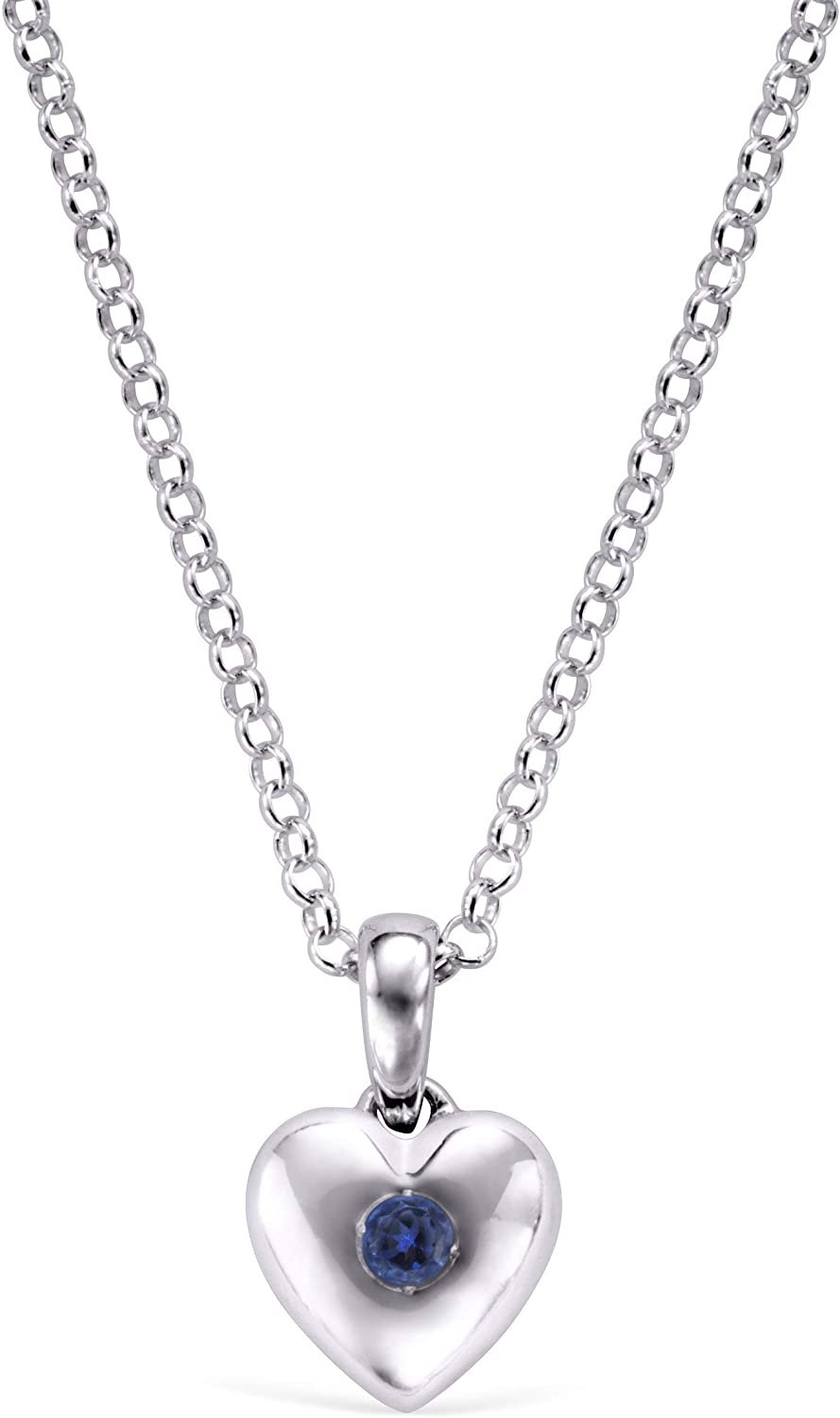 Sterling Silver Heart Pendant with Simulated Blue Sapphire for Girls