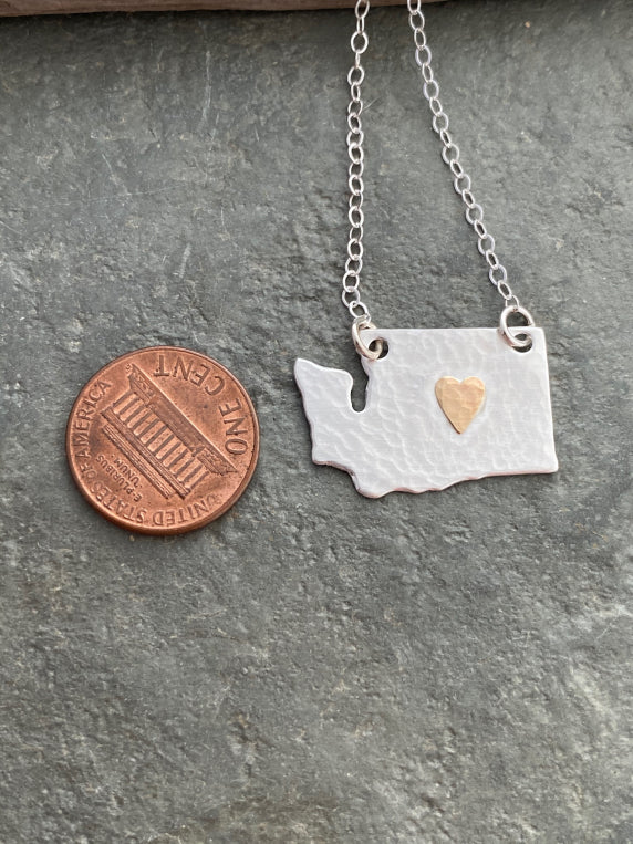 Handcrafted Sterling Silver Washington State Pendant with Bronze Heart