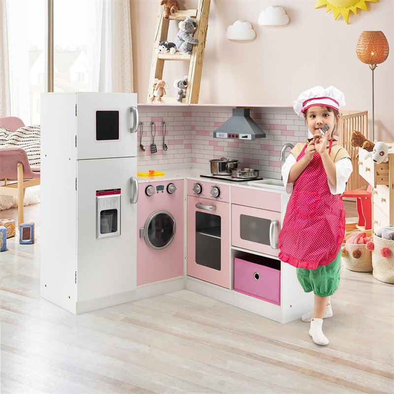 Wooden Corner Kitchen Playset for Kids with Chef Hat, Apron, and Pretend Play Accessories