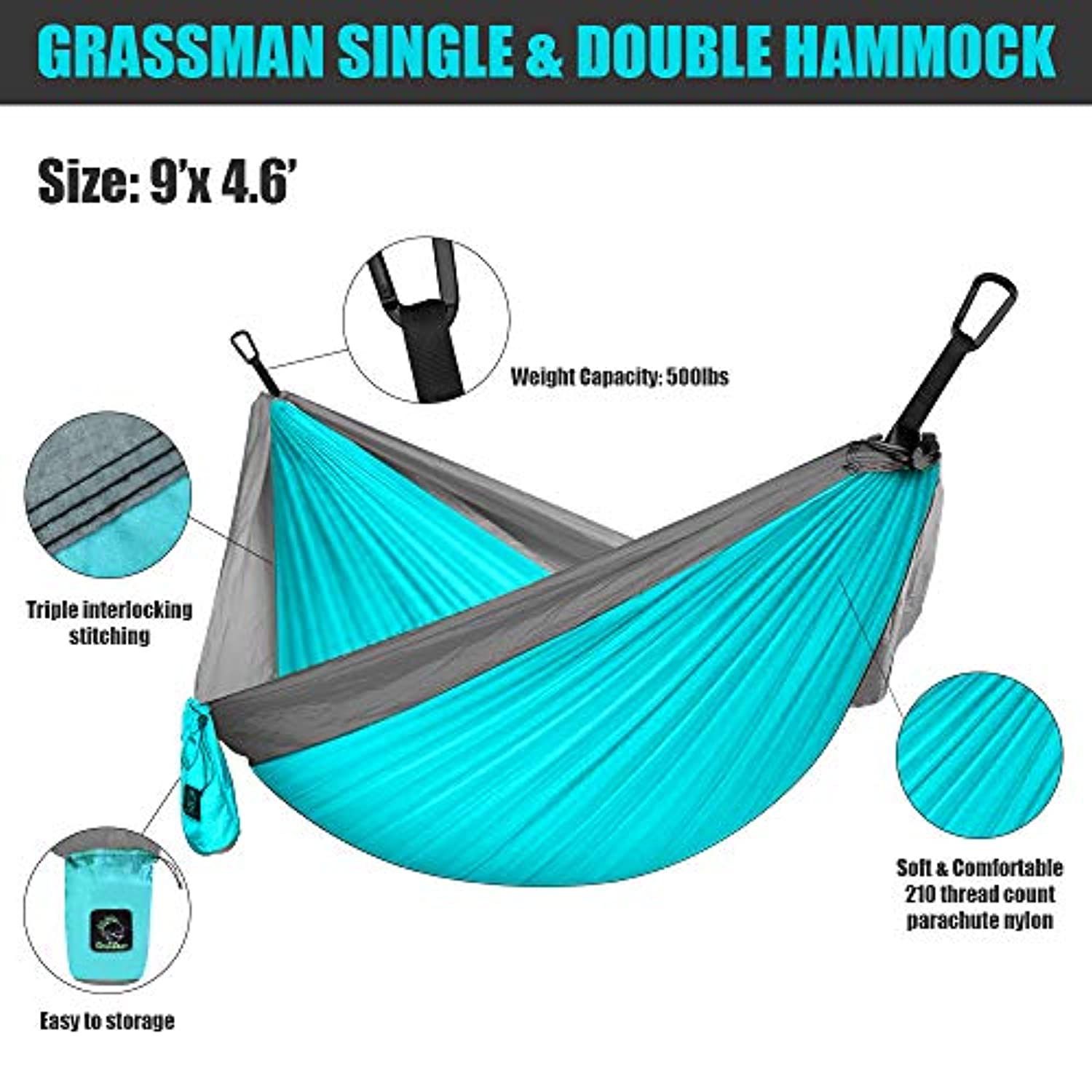 Grassman Lightweight Portable Hammock, Double & Single Use, Outdoor & Indoor