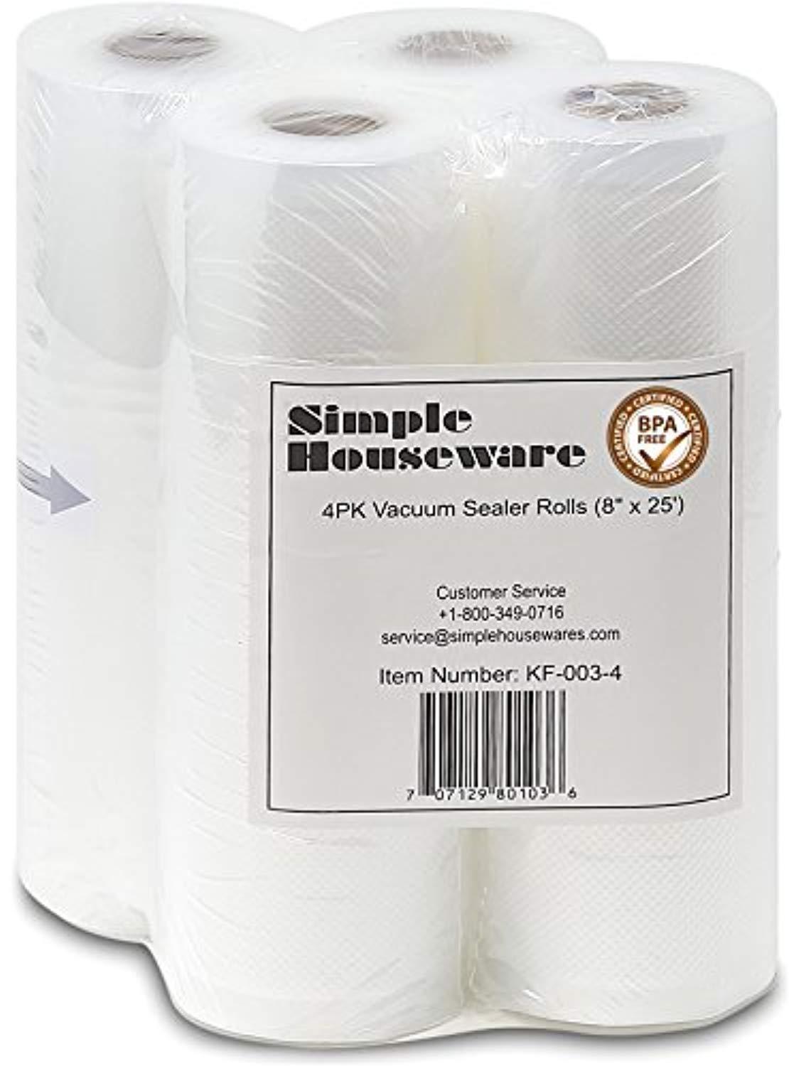 4 Pack - Premium 8 x 25 Vacuum Sealer Rolls, Food Storage, Compatible with Foodsaver Sous Vide (Total 100 Feet)