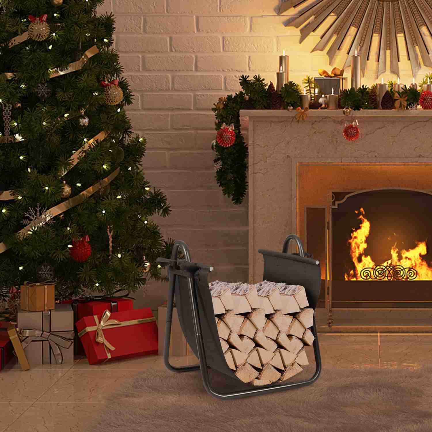 Portable Firewood Carrier and Rack with Canvas Bag