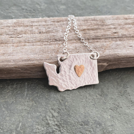 Handcrafted Sterling Silver Washington State Pendant with Bronze Heart