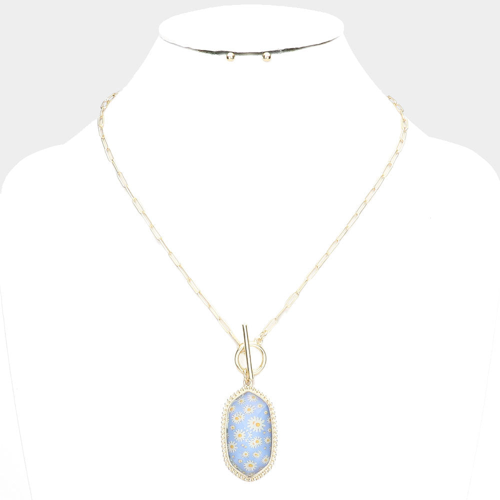 Daisy Flower Hexagon Pendant Necklace