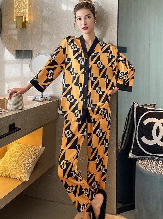 Casual Polyester Sleepwear Set in Yellow