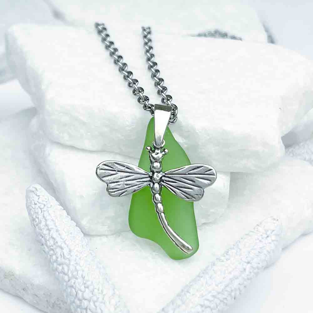 Elegant Kelly Green Sea Glass Pendant with Sterling Silver Dragonfly