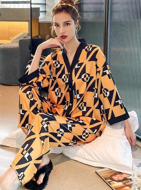 Casual Polyester Sleepwear Set in Yellow