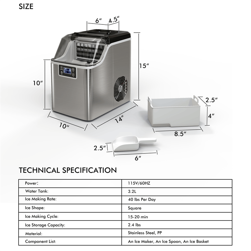 Portable Countertop Ice Maker with Top Inlet and Adjustable Ice Thickness