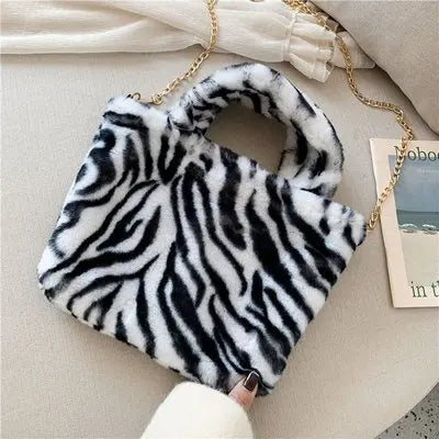 Leopard Print Fur Bag for Women, Large Capacity Crossbody Shoulder Clutch