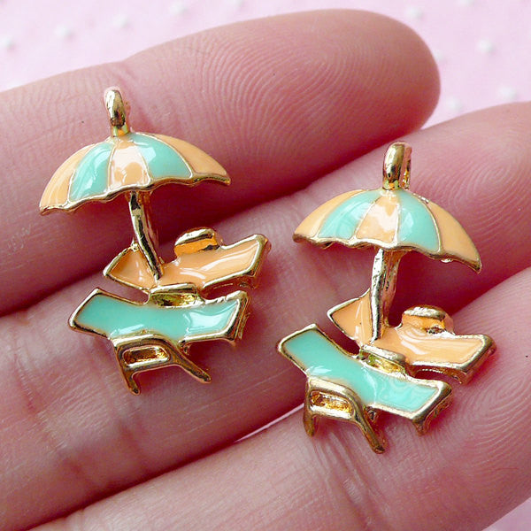 Elegant Beach Chair Umbrella Charms Set (2pcs / 15mm x 21mm / Gold, Orange & Green)