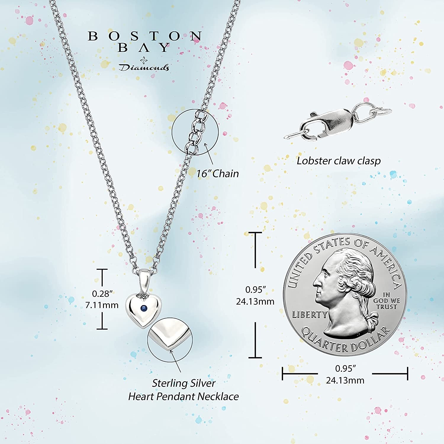Sterling Silver Heart Pendant with Simulated Blue Sapphire for Girls