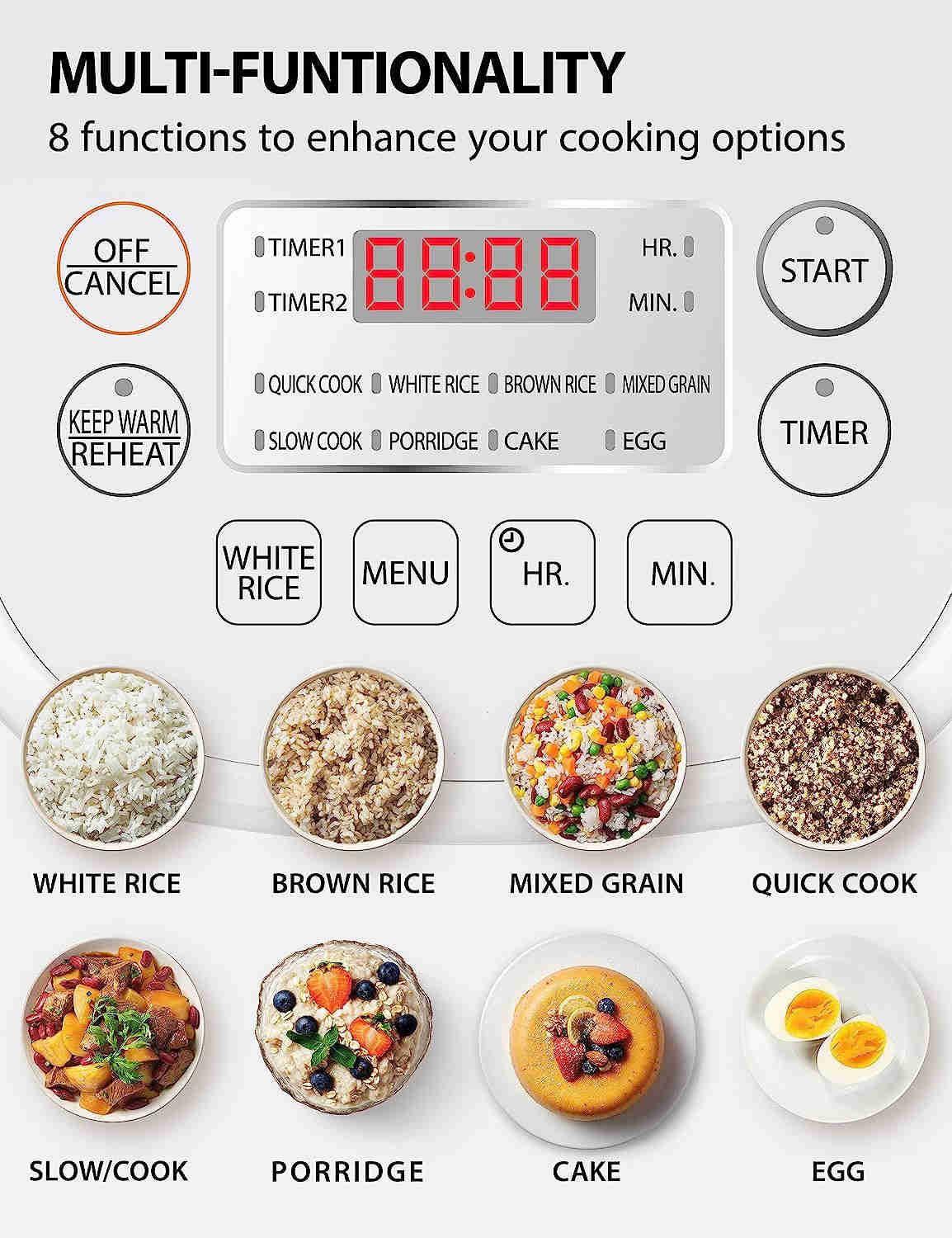 Compact 3-Cup Uncooked Rice Cooker with LCD Display and 8 Cooking Modes