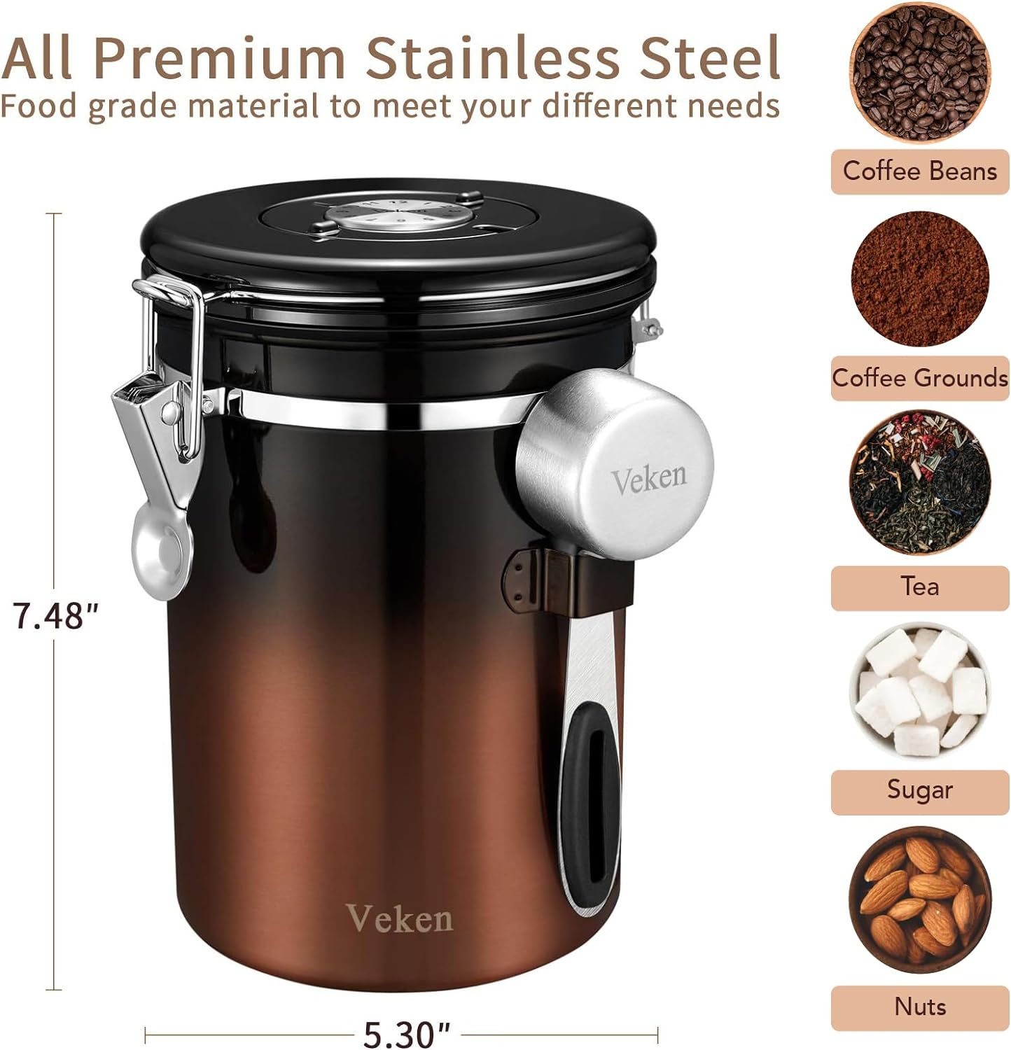 Braviie Copper Airtight Coffee Canister, 22oz Stainless Steel Container with CO2 Valve and Date Tracker