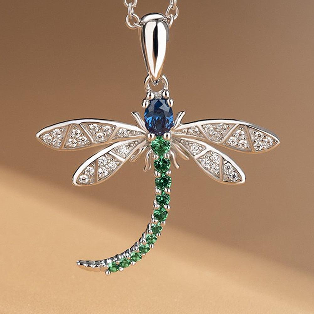 Glamorous Brass Dragonfly Pendant Necklace with Cubic Zirconia