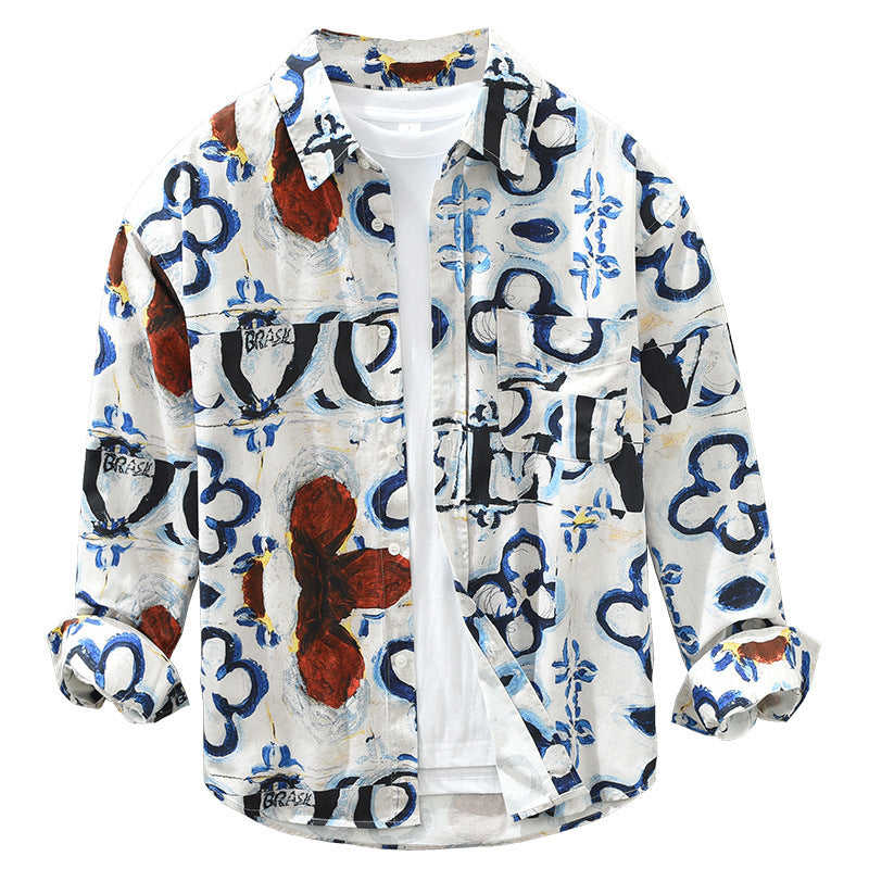Eco-Friendly Cotton Art Print Long-Sleeved Shirt for Men