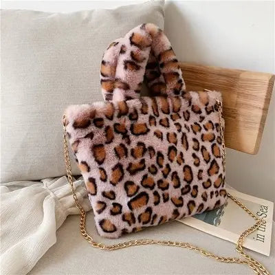 Leopard Print Fur Bag for Women, Large Capacity Crossbody Shoulder Clutch