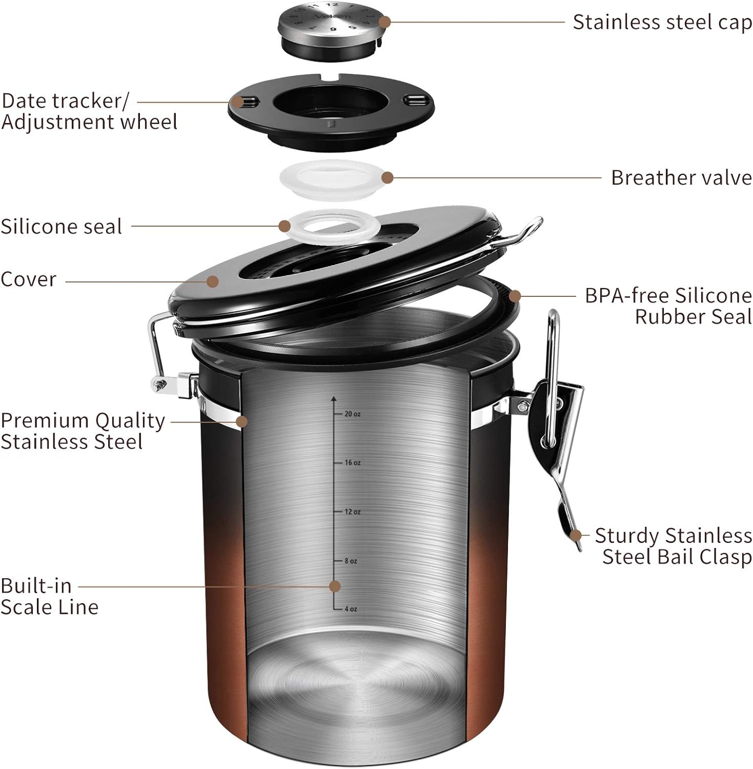 Braviie Copper Airtight Coffee Canister, 22oz Stainless Steel Container with CO2 Valve and Date Tracker