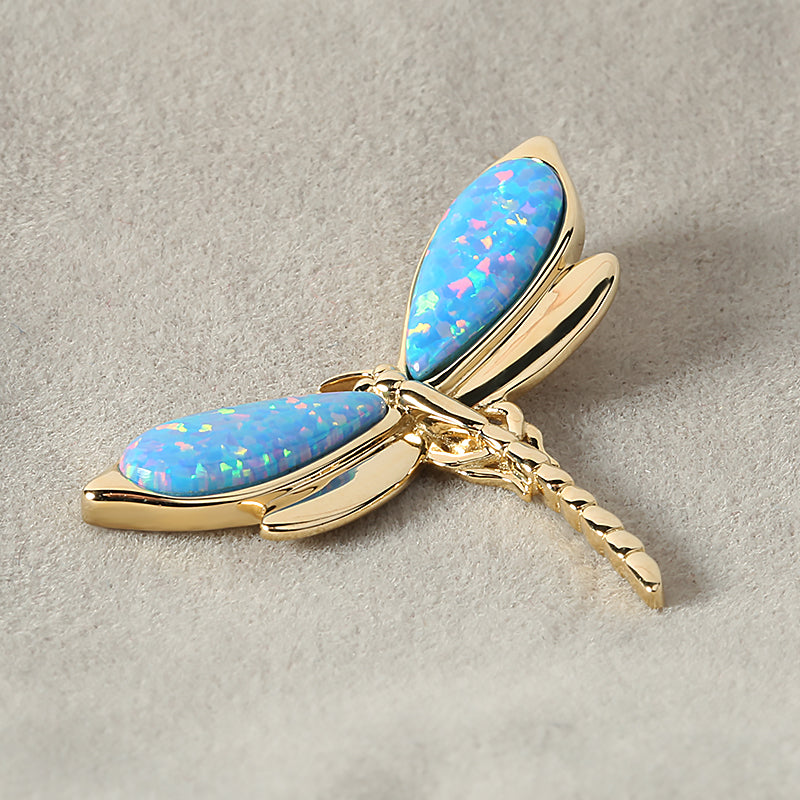 Exquisite 14K Gold Dragonfly Pendant with Blue Opal
