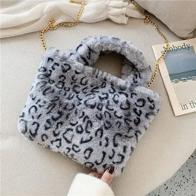 Leopard Print Fur Bag for Women, Large Capacity Crossbody Shoulder Clutch