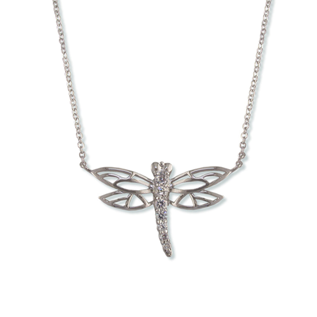 Gleaming Silver-tone Dragonfly Pendant Necklace with Crystals